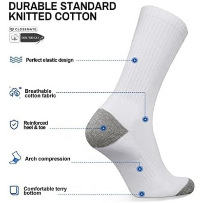 Mens Cushioned Athletic Sports Crew Cotton Socks White - 6 Pairs